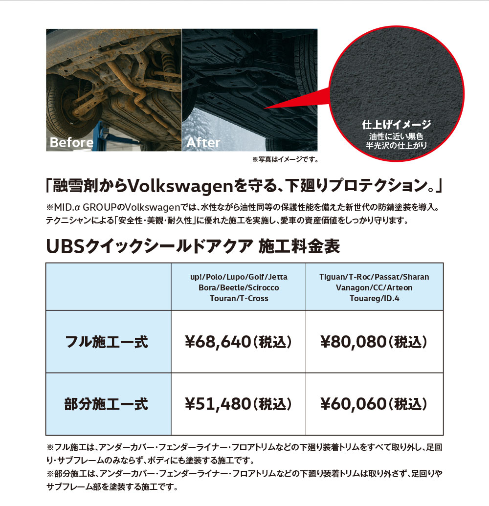 融雪剤からVolkswagenを守る、下廻りプロテクション